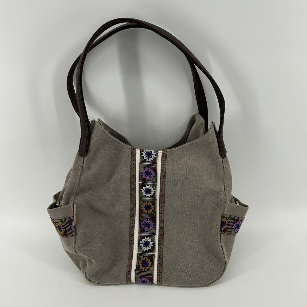 WORLDLYDA Gray Canvas Embroidered Shoulder Tote Bag Boho Hippie Folk Festival